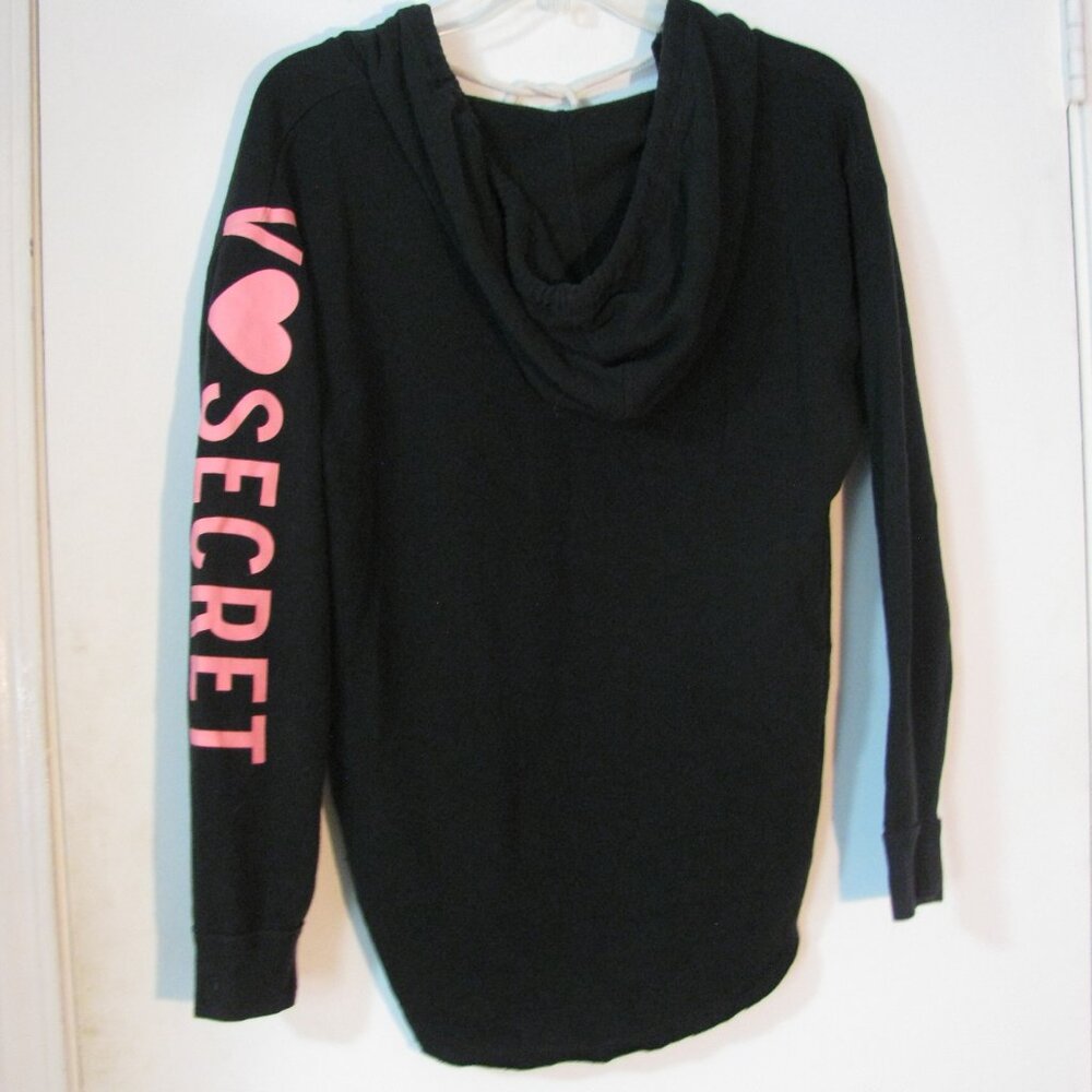 ** Victoria's Secret Shirt Small Hoodie Raw Unfinished Hem Logo Sleeve Black - Picture 6 of 6